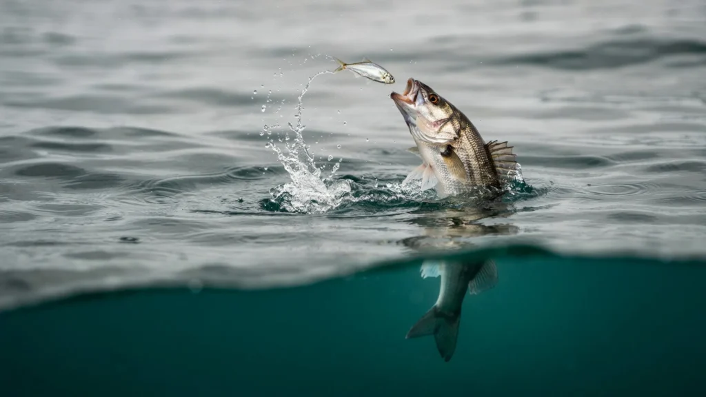 Perche bondissant hors de l’eau vers un petit poisson