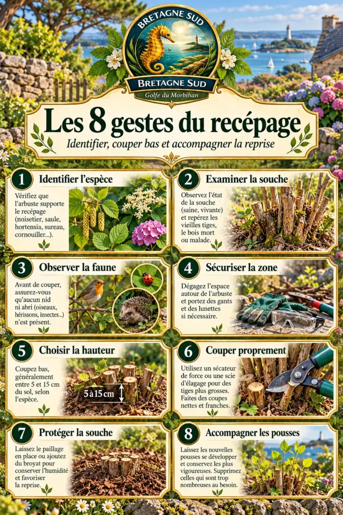 Infographie des huit gestes du recépage d’arbustes en Bretagne Sud