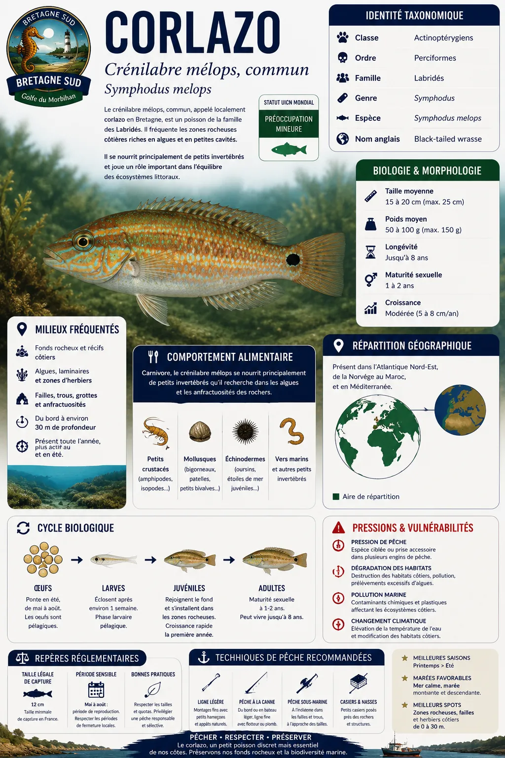 Infographie du corlazo, crénilabre mélops breton