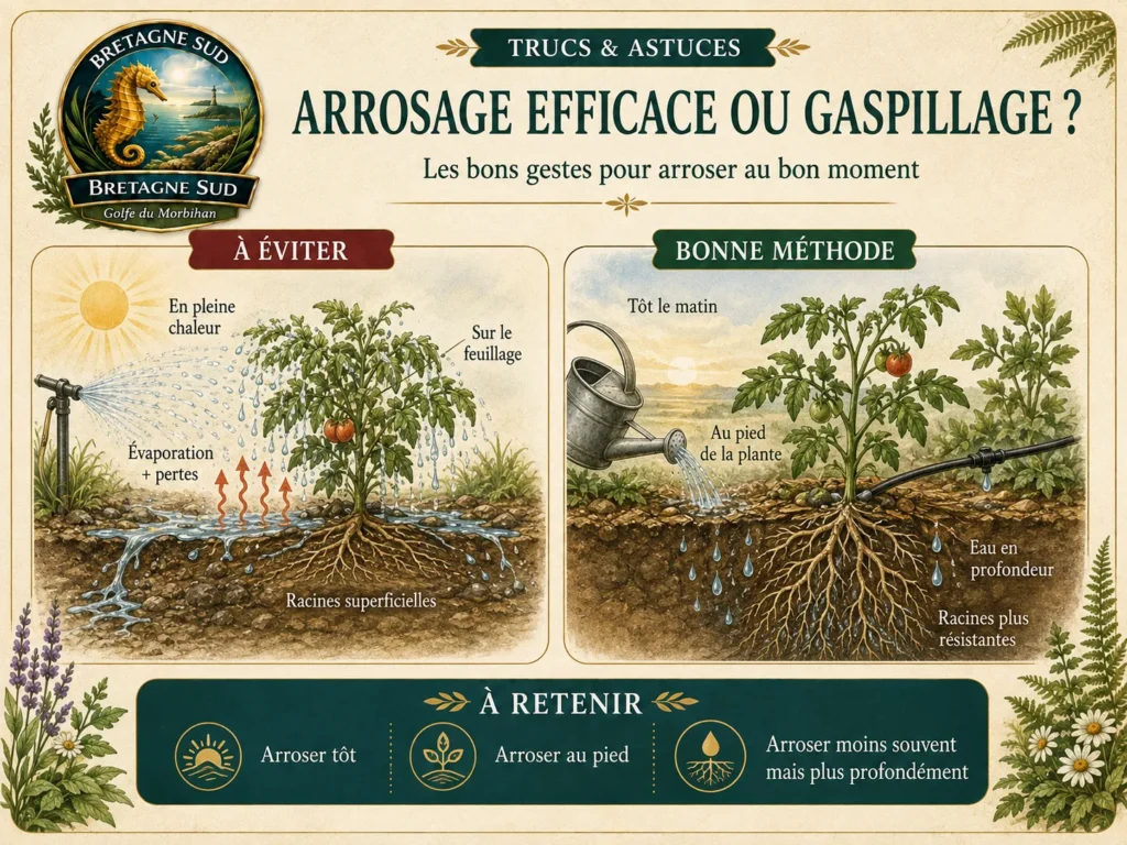 Infographie comparant mauvais et bon arrosage des tomates