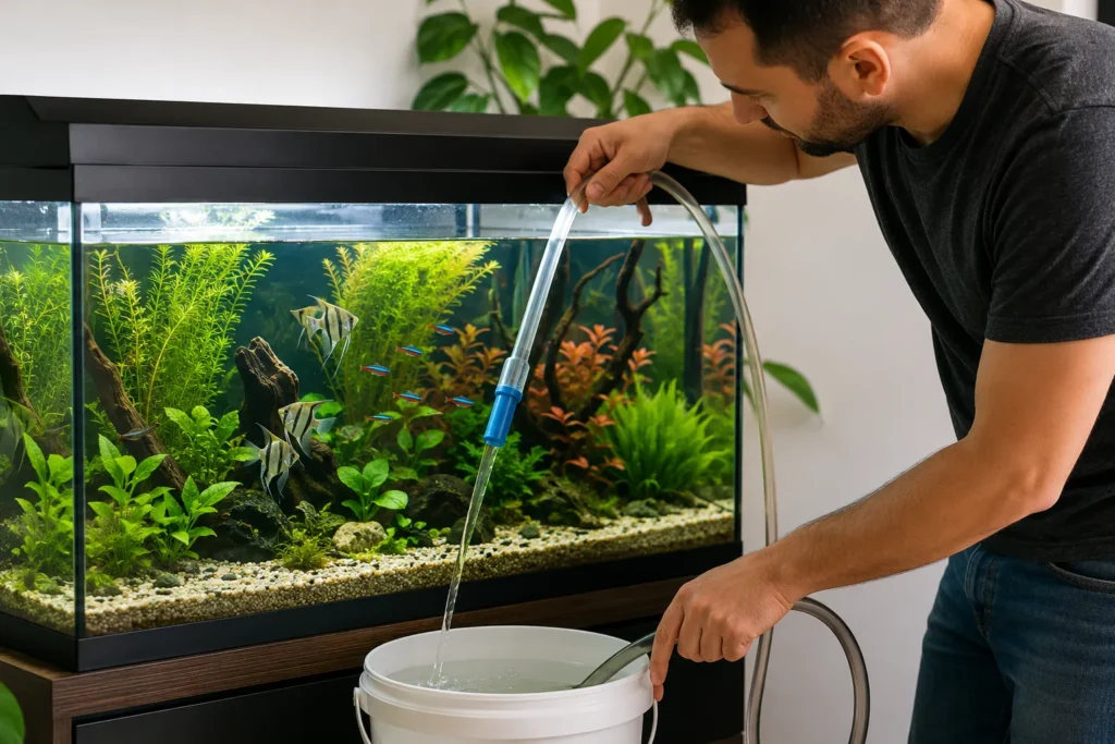 Homme siphonnant l’eau d’un aquarium planté