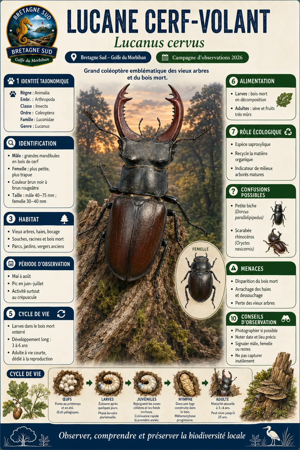 Infographie du lucane cerf-volant en Bretagne Sud