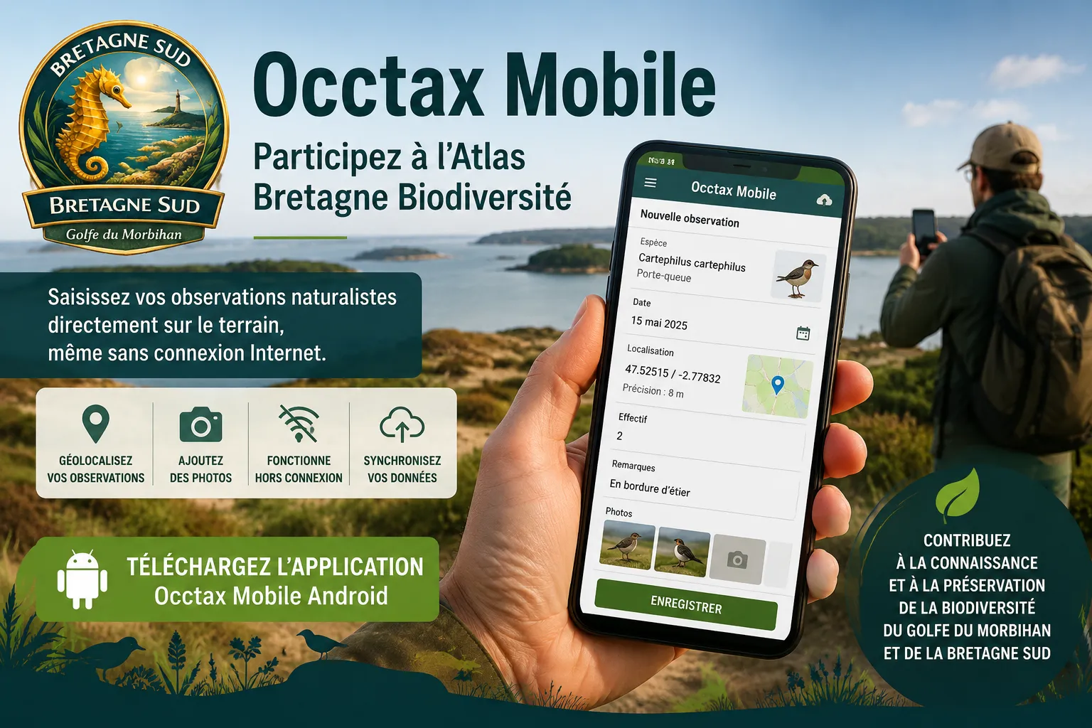 Application Occtax Mobile pour biodiversité Bretagne Sud
