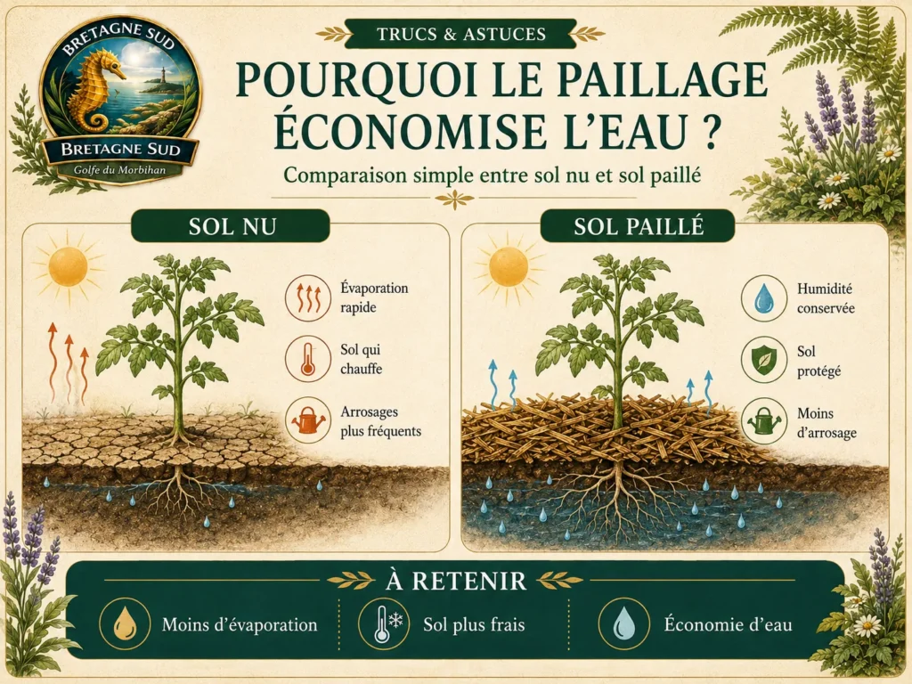 Infographie comparant sol nu et sol paillé au potager
