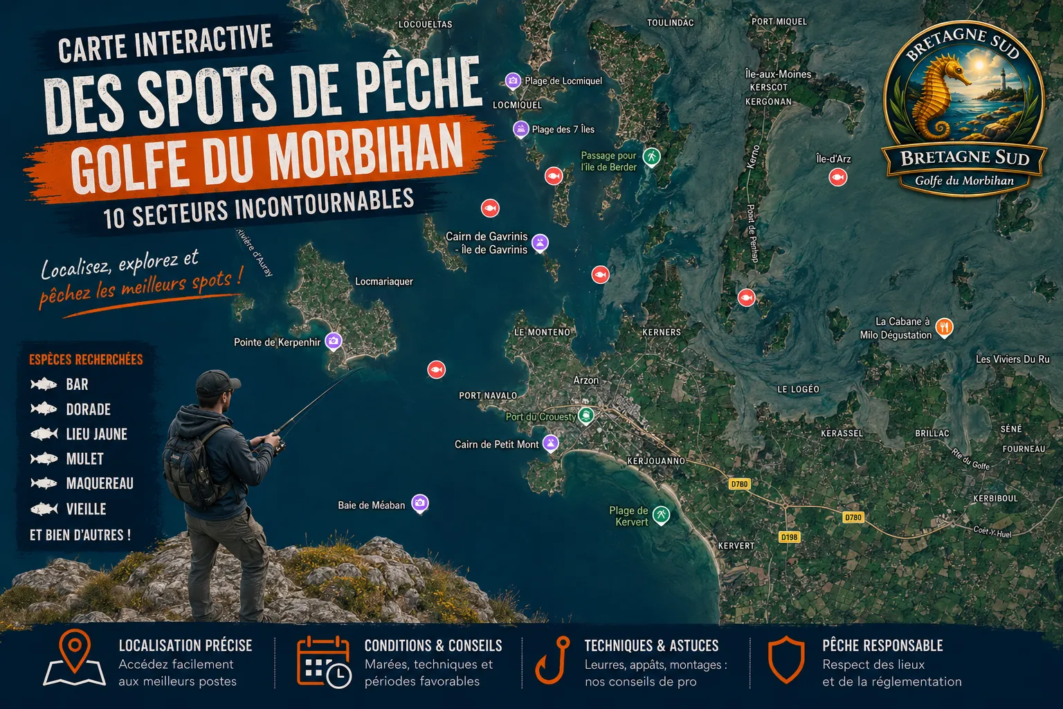 Carte des spots de pêche du Golfe du Morbihan