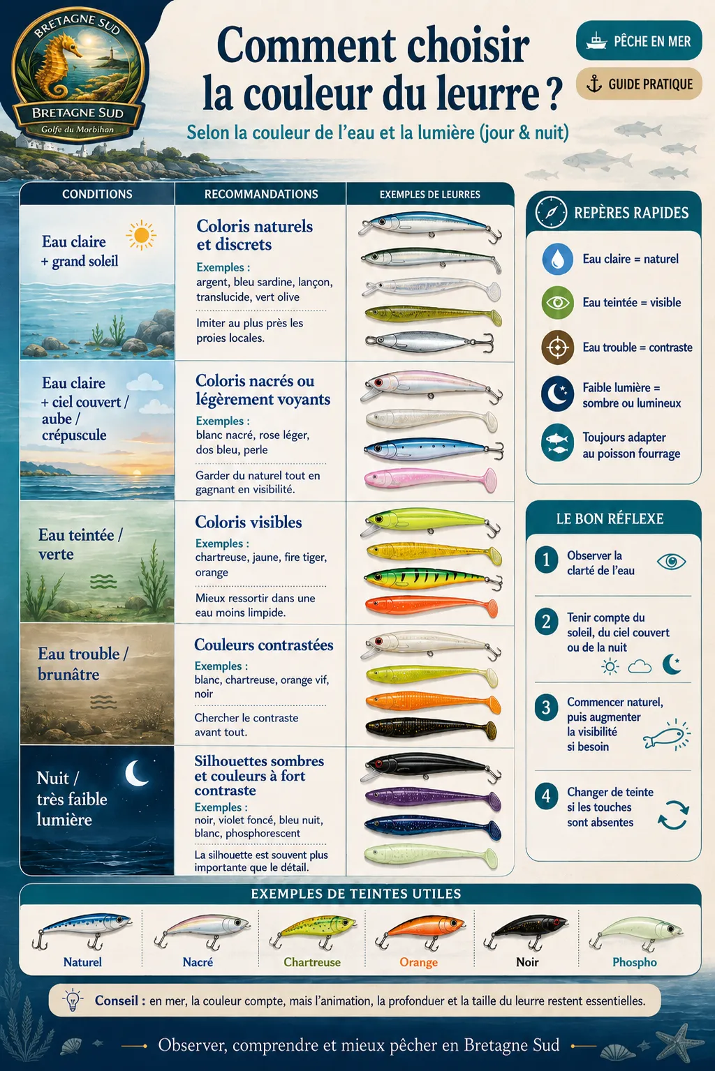 Guide pour choisir la couleur d’un leurre selon la couleur de l’eau et la luminosité en pêche en mer.