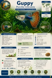 Infographie du guppy Poecilia reticulata en aquarium