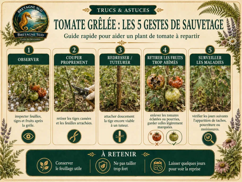 Infographie des cinq gestes pour sauver une tomate après grêle