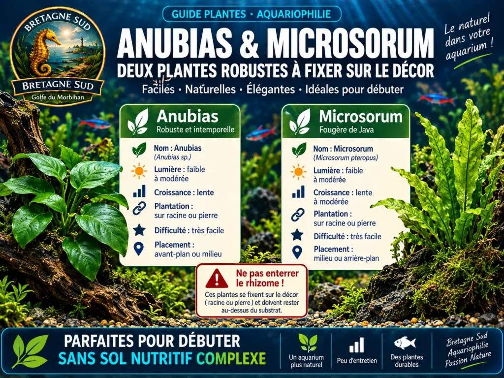 Infographie comparant Anubias et Microsorum pour aquarium