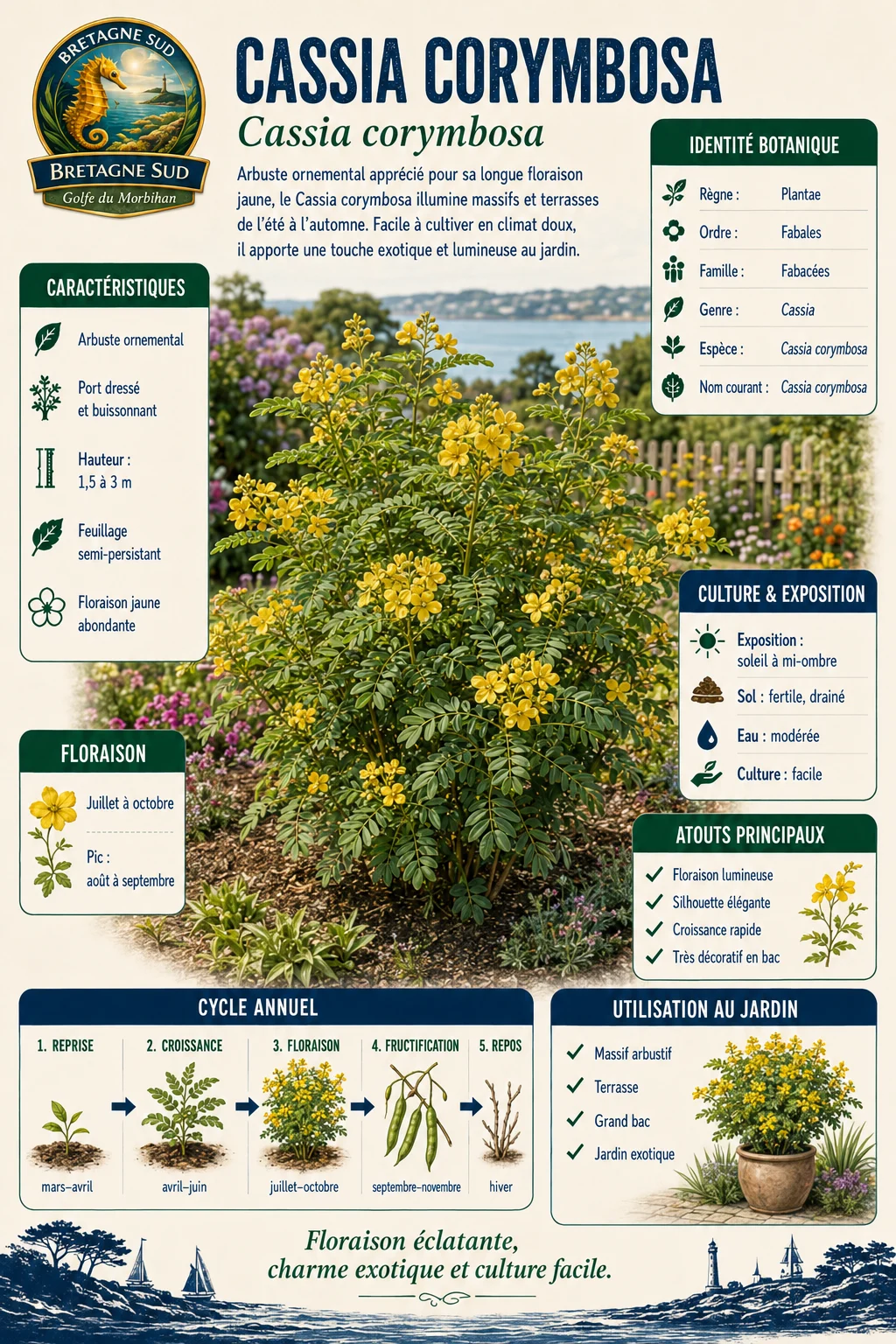 Infographie du Cassia corymbosa en fleurs jaunes