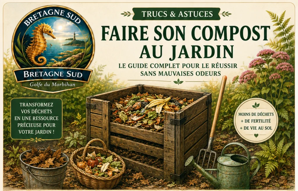 Affiche illustrée sur le compostage au jardin en Bretagne Sud