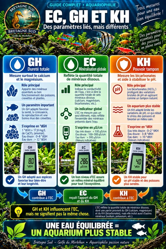 Infographie aquariophilie expliquant les paramètres GH, EC et KH