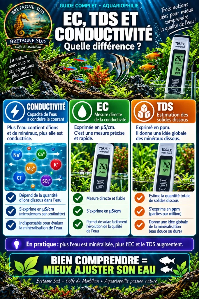 Infographie aquarium comparant conductivité, EC et TDS