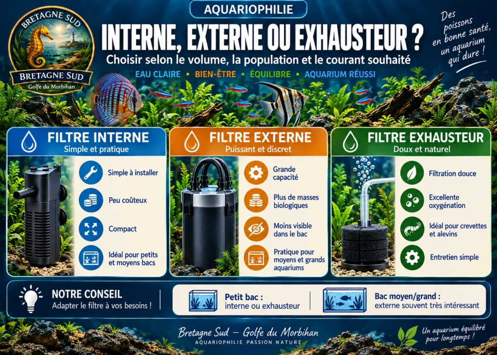 Infographie comparant filtres interne, externe et exhausteur d’aquarium
