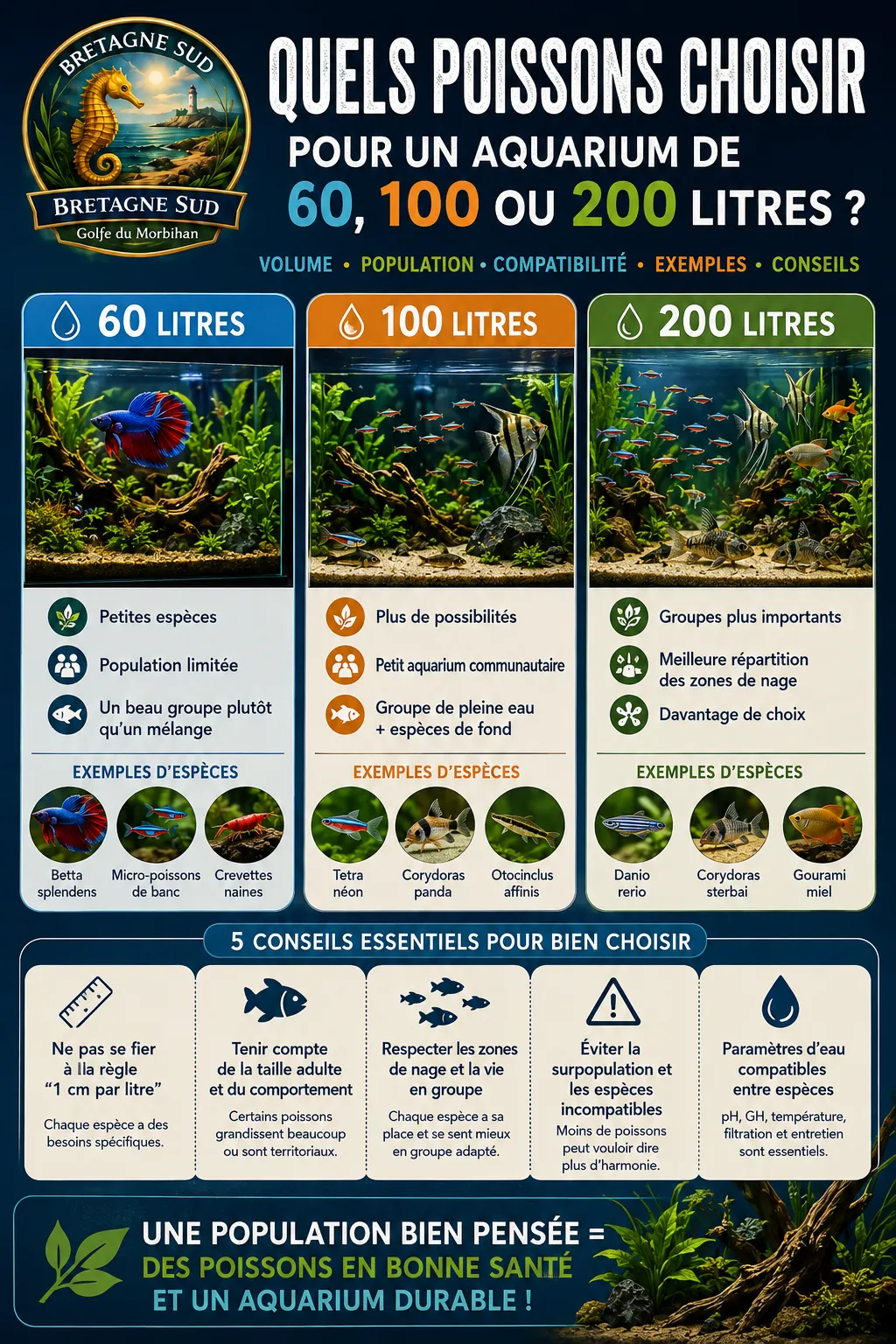 Quels poissons choisir pour un aquarium de 60, 100 ou 200 litres ?