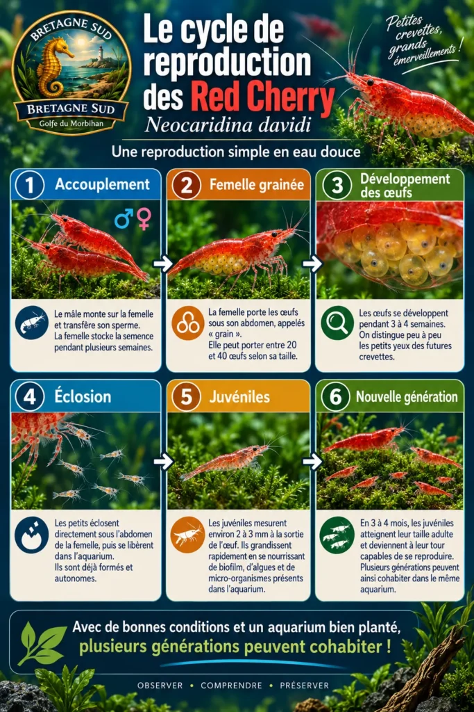 Infographie du cycle de reproduction des crevettes Red Cherry