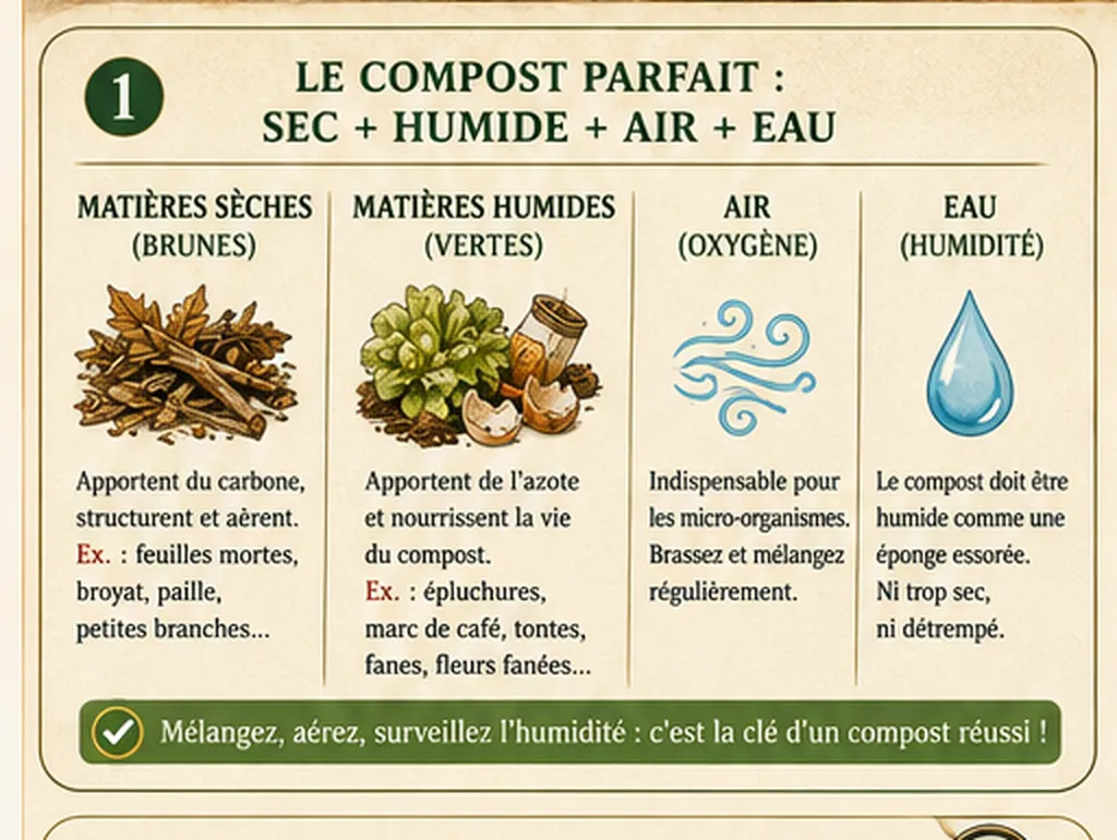Infographie sur les quatre éléments d’un compost parfait