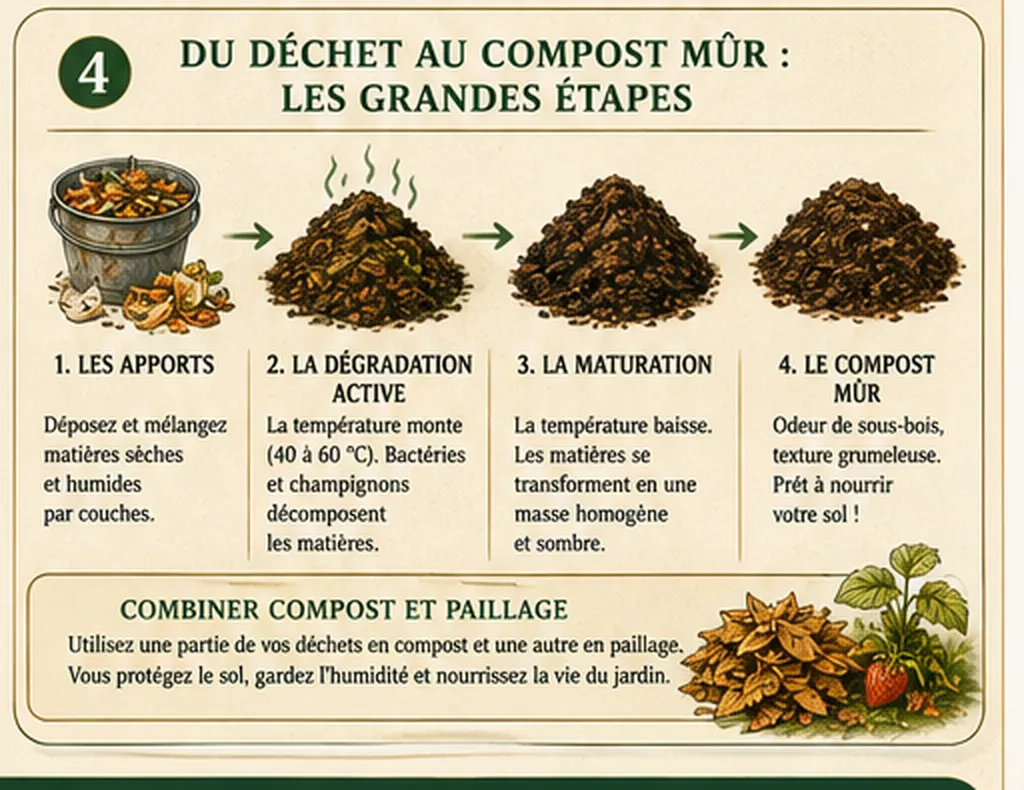 Infographie des quatre étapes de fabrication du compost mûr