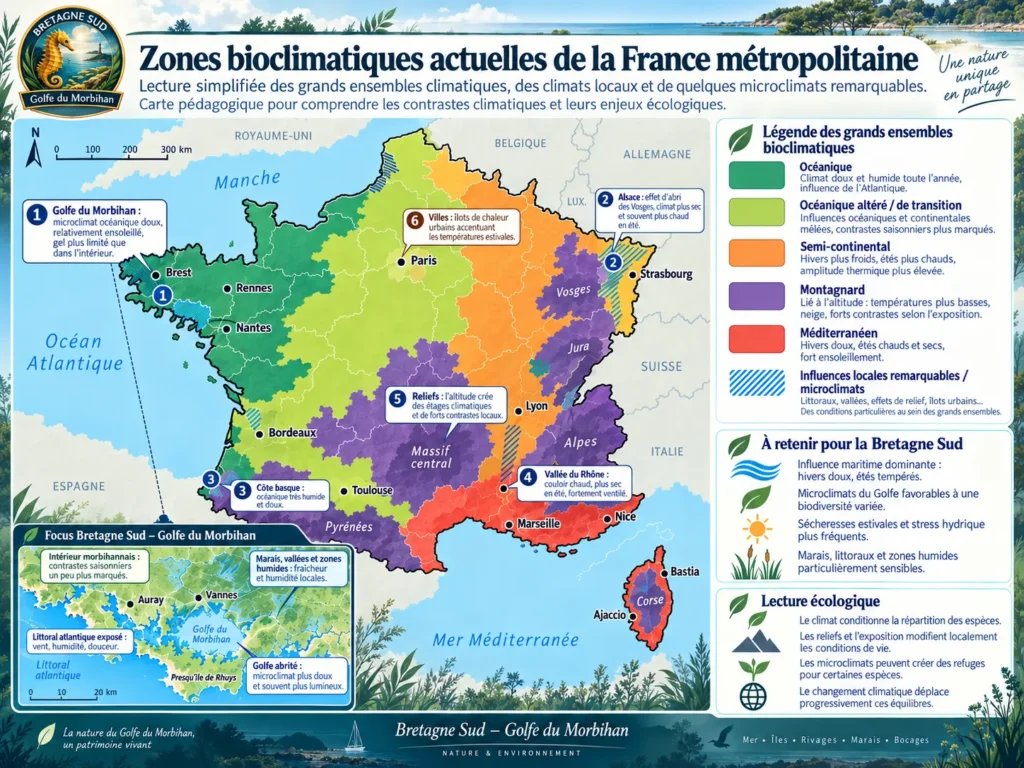 Carte des zones bioclimatiques de France et des microclimats de Bretagne Sud et du Golfe du Morbihan