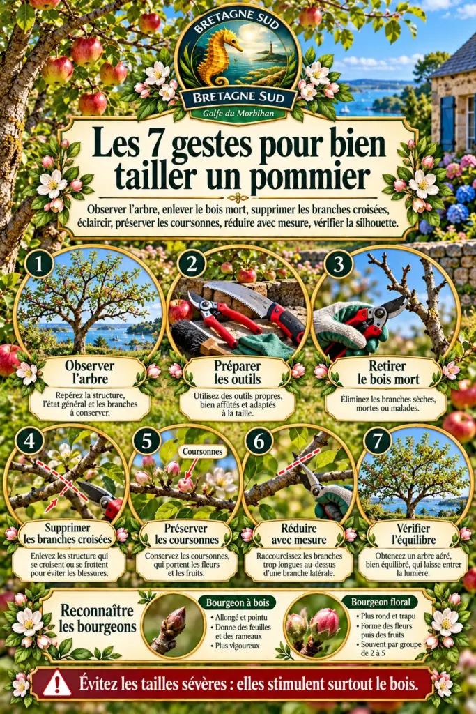 Infographie illustrée des sept gestes pour tailler un pommier