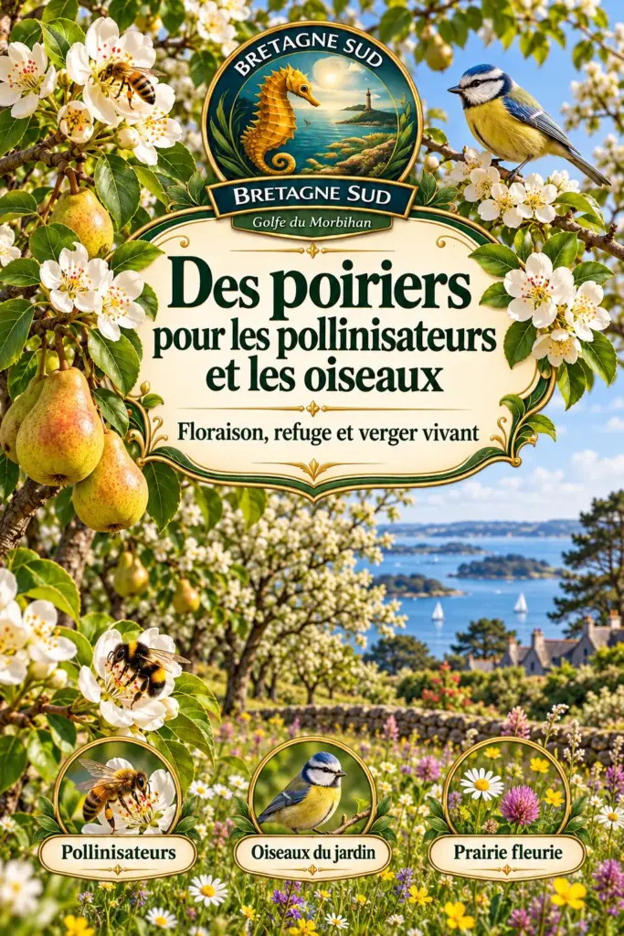 Affiche bretonne promouvant poiriers, pollinisateurs et oiseaux