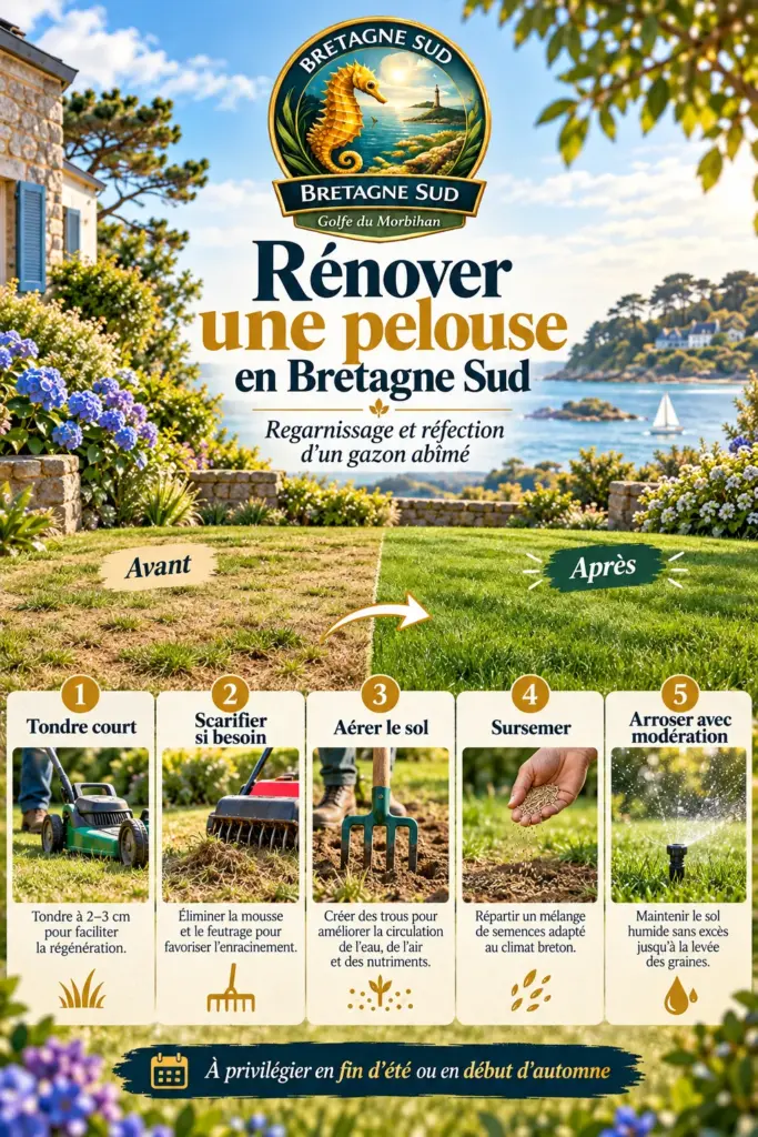 Infographie rénovation de pelouse en Bretagne Sud, en cinq étapes