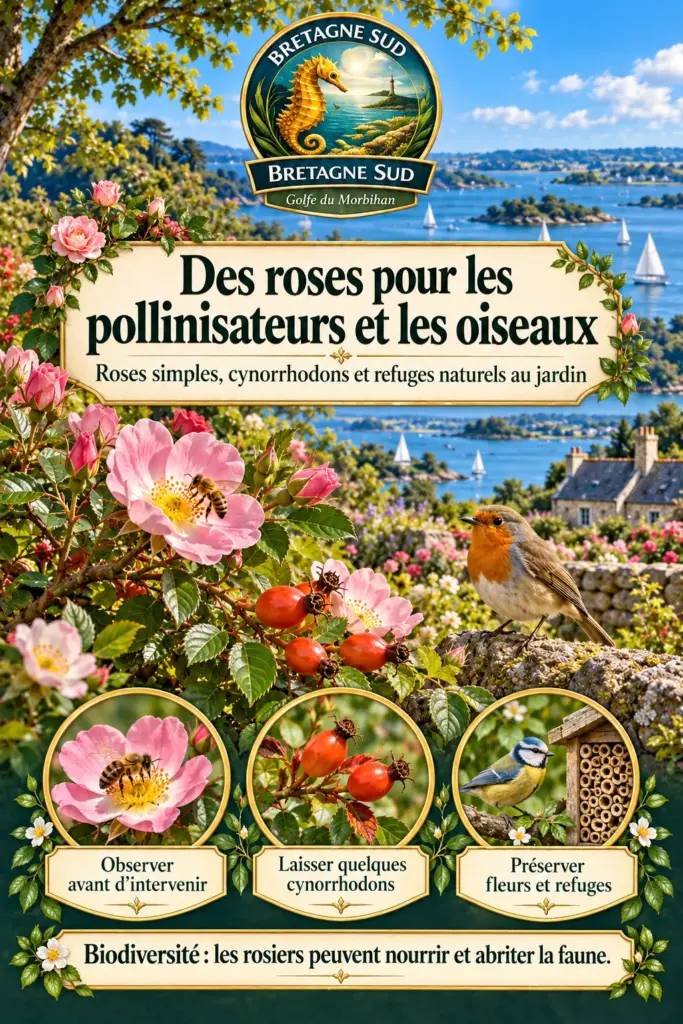 Affiche sur les roses favorables aux pollinisateurs et oiseaux